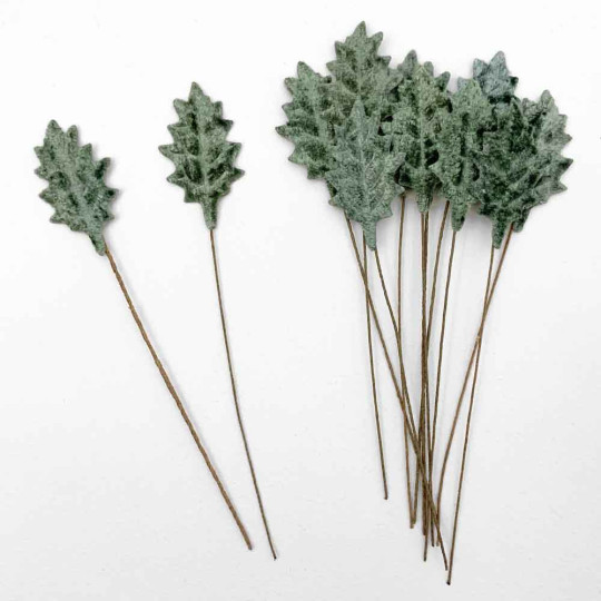 Set of 12 Petite Velvet Holly Leaves ~ SAGE GREEN