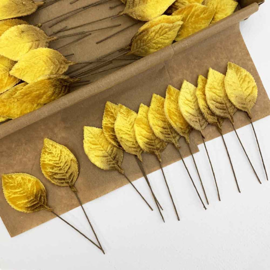 Set of 12 Velvet Rose Leaves ~ GOLDEN YELLOW OMBRE