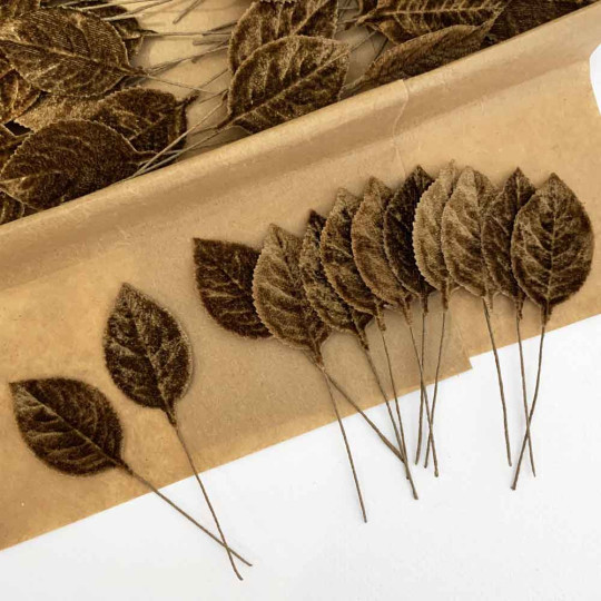 Set of 12 Velvet Rose Leaves ~ BROWN