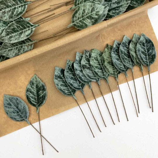 Set of 12 Velvet Rose Leaves ~ SAGE GREEN
