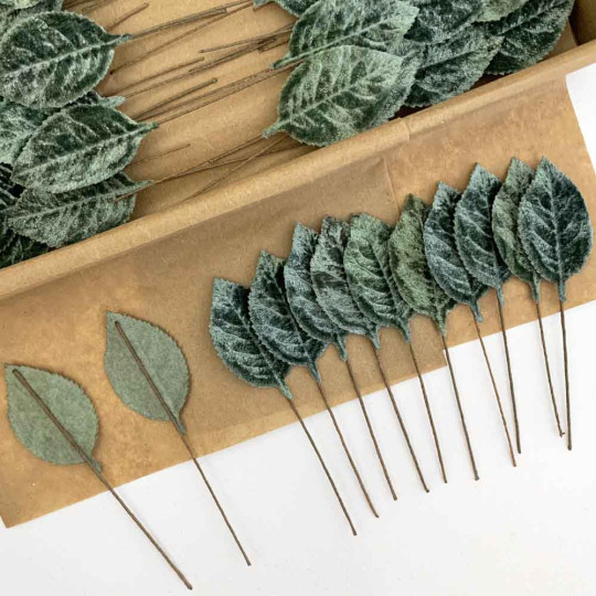 Set of 12 Velvet Rose Leaves ~ SAGE GREEN