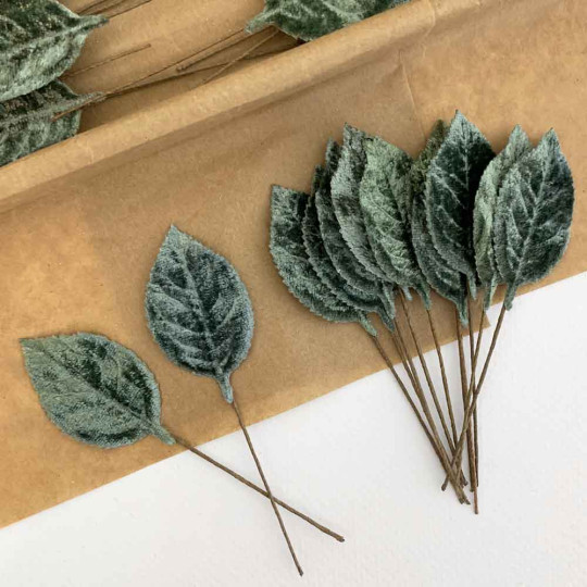 Set of 12 Velvet Rose Leaves ~ SAGE GREEN