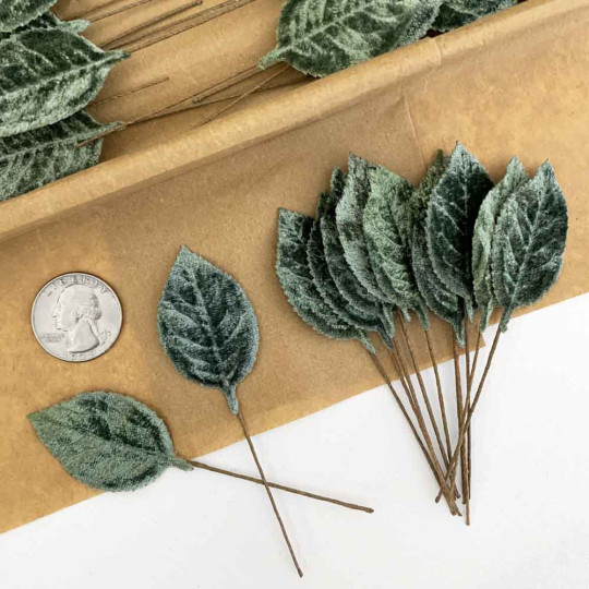 Set of 12 Velvet Rose Leaves ~ SAGE GREEN