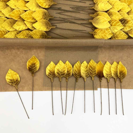 Set of 12 Petite Velvet Rose Leaves ~ GOLDEN YELLOW OMBRE