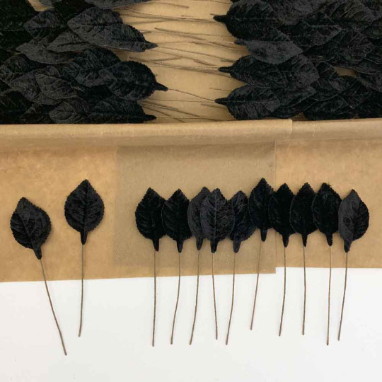 Set of 12 Petite Velvet Rose Leaves ~ BLACK