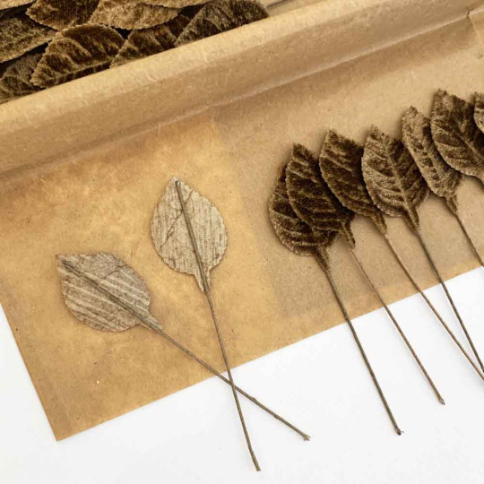 Set of 12 Petite Velvet Rose Leaves ~ BROWN