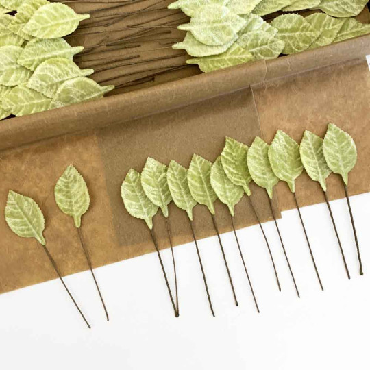 Set of 12 Petite Velvet Rose Leaves ~ PALE GREEN