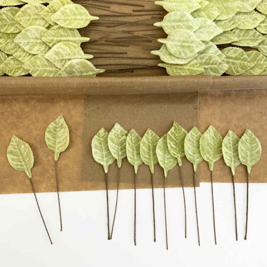 Set of 12 Petite Velvet Rose Leaves ~ PALE GREEN