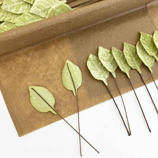 Set of 12 Petite Velvet Rose Leaves ~ PALE GREEN