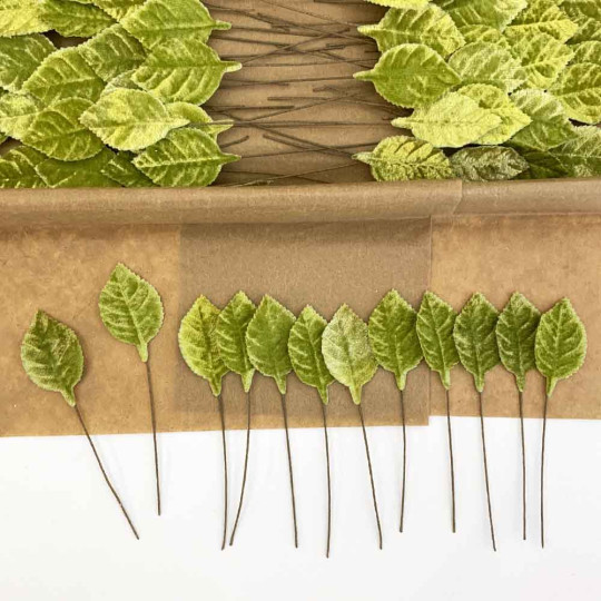 Set of 12 Petite Velvet Rose Leaves ~ MEDIUM GREEN