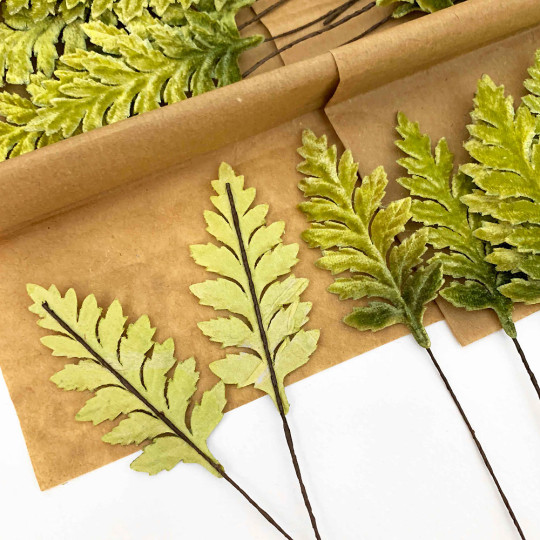 Set of 12 Velvet Fern Leaves ~ GREEN OMBRE
