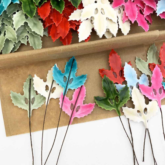 Lacquered Paper Holly Leaves ~ Mixed Colors ~ Bundle of 14 Retro Craft Picks