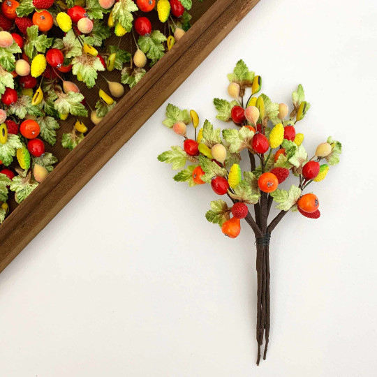 Lacquered Fruit + Velvet Leaf Fruit Branches Spray
