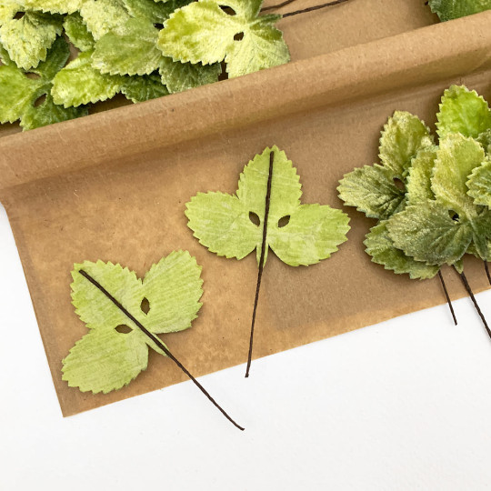 Set of 12 Velvet Strawberry Leaves ~ ARTIST GREEN SHADED