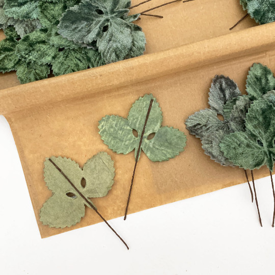 Set of 12 Velvet Strawberry Leaves ~ SAGE GREEN