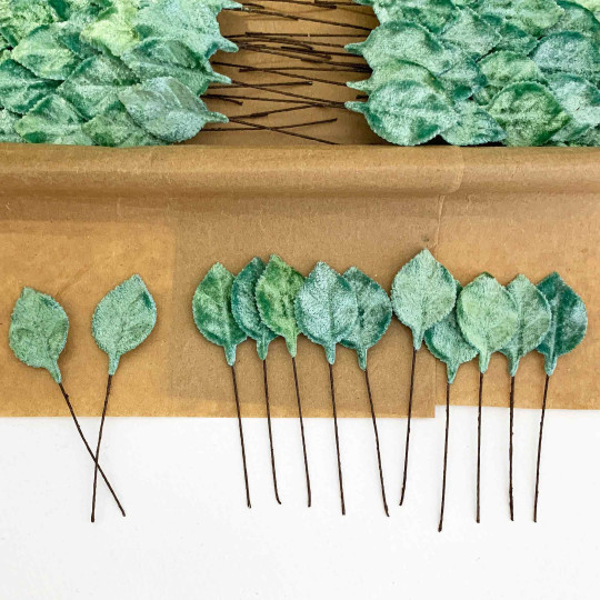 Set of 12 Petite Velvet Rose Leaves ~ AQUA
