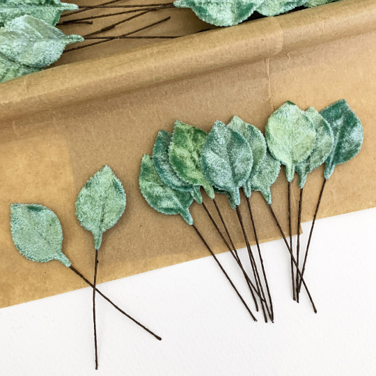 Set of 12 Petite Velvet Rose Leaves ~ AQUA