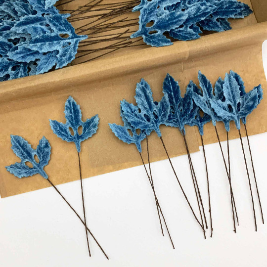 Set of 12 Velvet Holly Leaves ~ BLUE