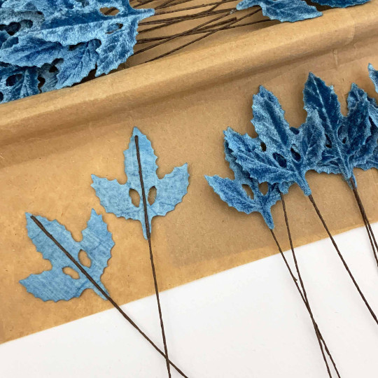 Set of 12 Velvet Holly Leaves ~ BLUE