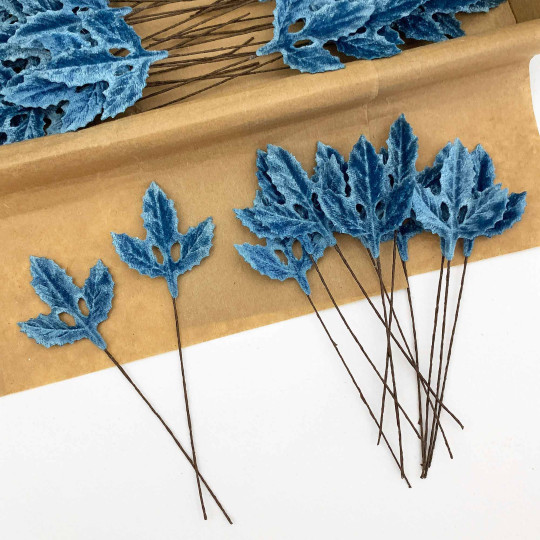 Set of 12 Velvet Holly Leaves ~ BLUE