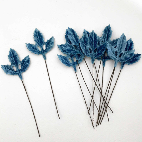 Set of 12 Velvet Holly Leaves ~ BLUE