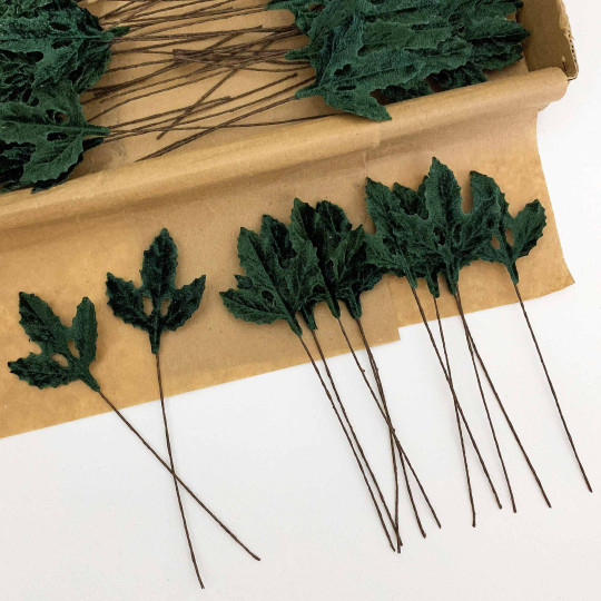 Set of 12 Velvet Holly Leaves ~ DARK GREEN