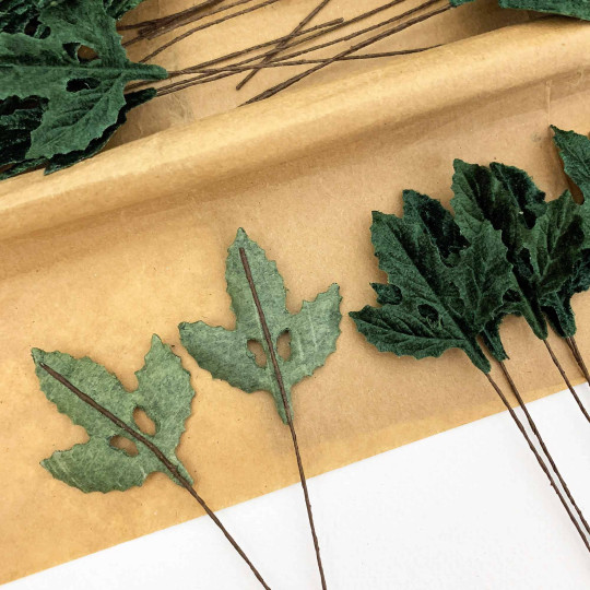 Set of 12 Velvet Holly Leaves ~ DARK GREEN