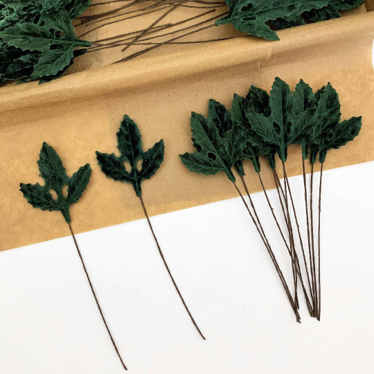 Set of 12 Velvet Holly Leaves ~ DARK GREEN