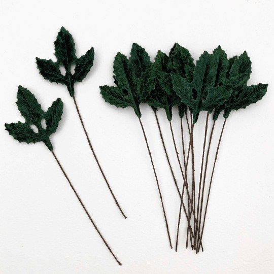 Set of 12 Velvet Holly Leaves ~ DARK GREEN