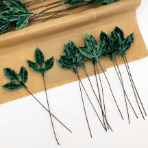 Set of 12 Velvet Holly Leaves ~ SAGE GREEN