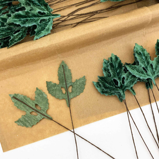 Set of 12 Velvet Holly Leaves ~ SAGE GREEN