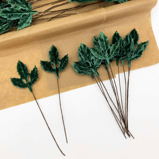 Set of 12 Velvet Holly Leaves ~ SAGE GREEN