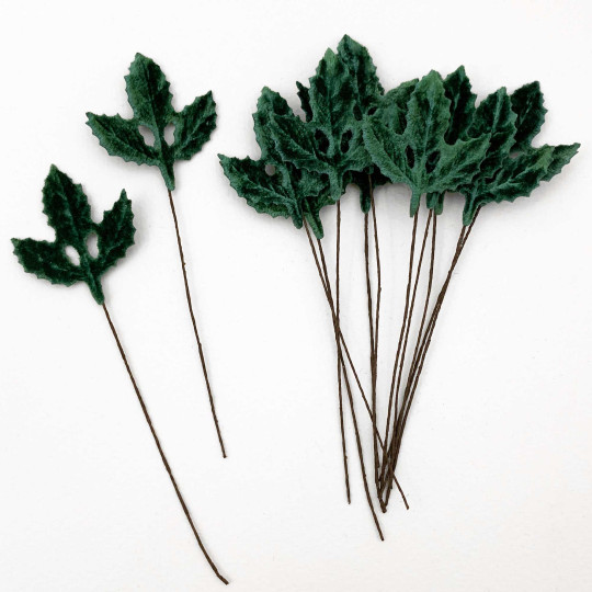 Set of 12 Velvet Holly Leaves ~ SAGE GREEN