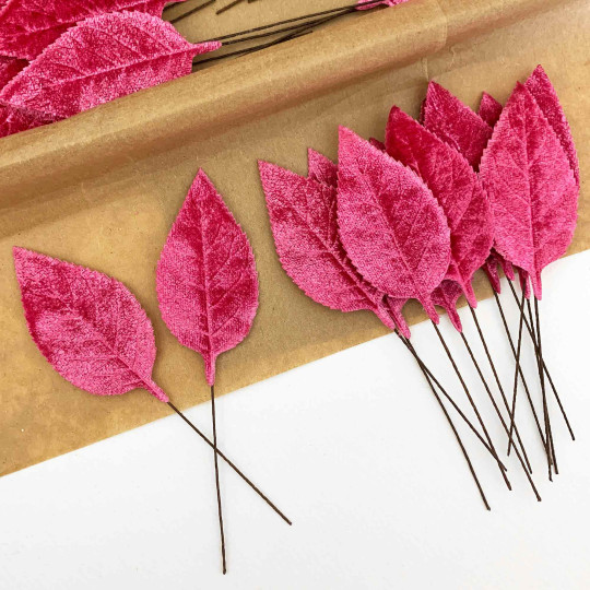 Set of 12 Velvet Rose Leaves ~ BERRY PINK