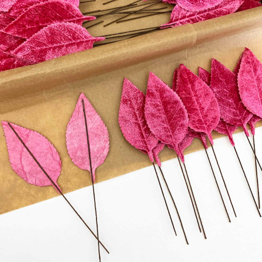 Set of 12 Velvet Rose Leaves ~ BERRY PINK