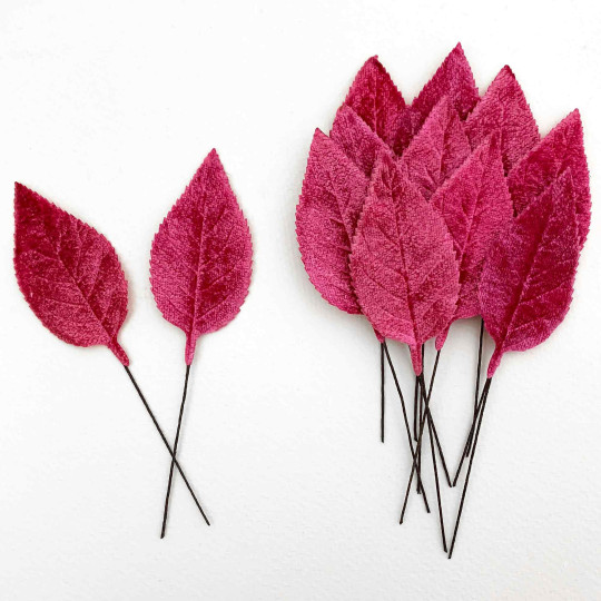 Set of 12 Velvet Rose Leaves ~ BERRY PINK