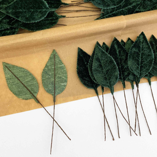 Set of 12 Velvet Rose Leaves ~ DARK GREEN