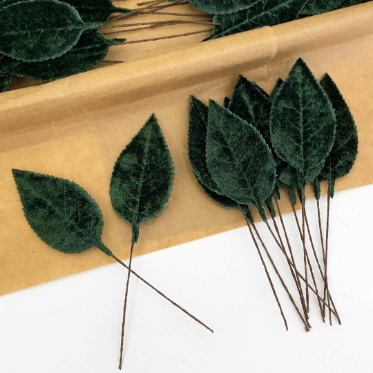 Set of 12 Velvet Rose Leaves ~ DARK GREEN