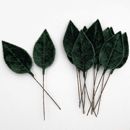 Set of 12 Velvet Rose Leaves ~ DARK GREEN