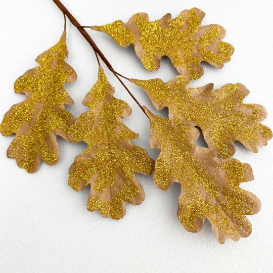 Brown Paper Oak Leaves with Glitter for Fall Crafts ~ 3 Sprigs