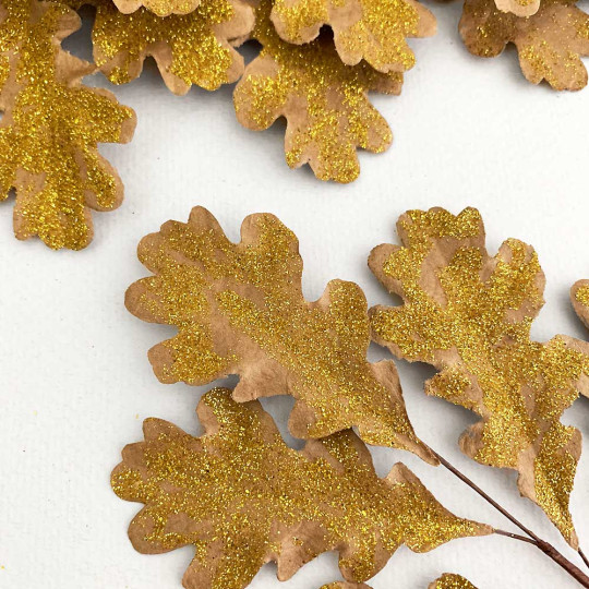 Brown Paper Oak Leaves with Glitter for Fall Crafts ~ 3 Sprigs