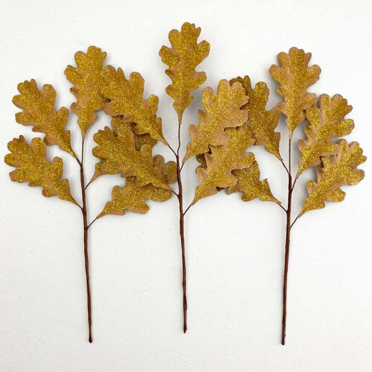 Brown Paper Oak Leaves with Glitter for Fall Crafts ~ 3 Sprigs