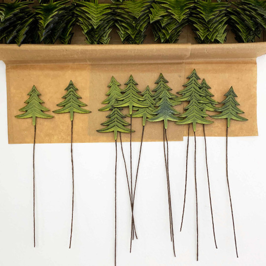 Green Trees Lacquered Craft Picks ~ Bundle of 12 Retro-Style Christmas Picks