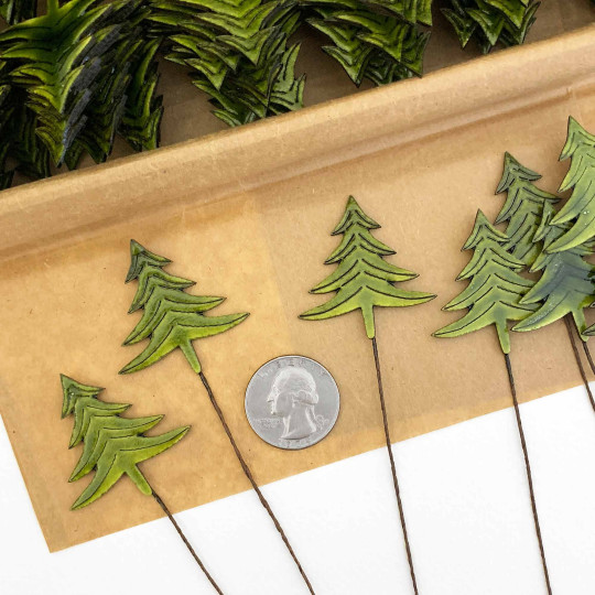 Green Trees Lacquered Craft Picks ~ Bundle of 12 Retro-Style Christmas Picks