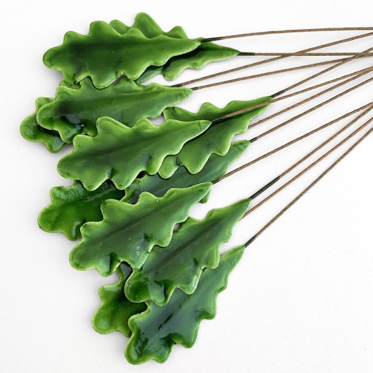 Green Lacquered Paper Oak Leaves ~ Bundle of 12 Old Fashioned Craft Leaves