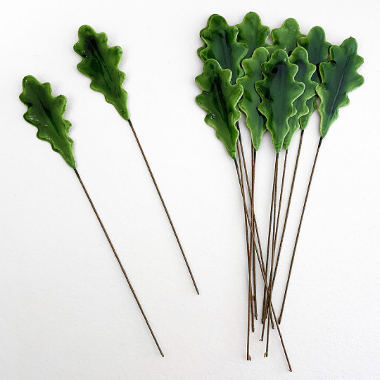 Green Lacquered Paper Oak Leaves ~ Bundle of 12 Old Fashioned Craft Leaves