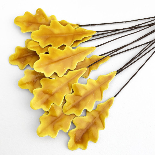 Golden Yellow Lacquered Paper Oak Leaves ~ Bundle of 12 Old Fashioned Craft Leaves