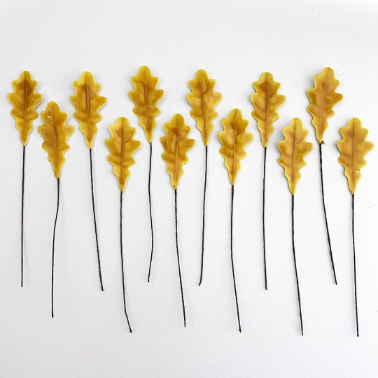 Golden Yellow Lacquered Paper Oak Leaves ~ Bundle of 12 Old Fashioned Craft Leaves