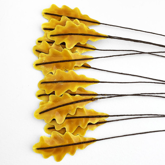 Golden Yellow Lacquered Paper Oak Leaves ~ Bundle of 12 Old Fashioned Craft Leaves