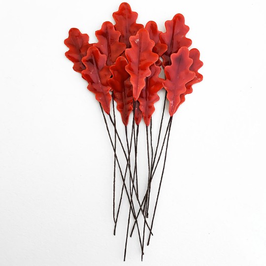 Red Lacquered Paper Oak Leaves ~ Bundle of 12 Old Fashioned Craft Leaves